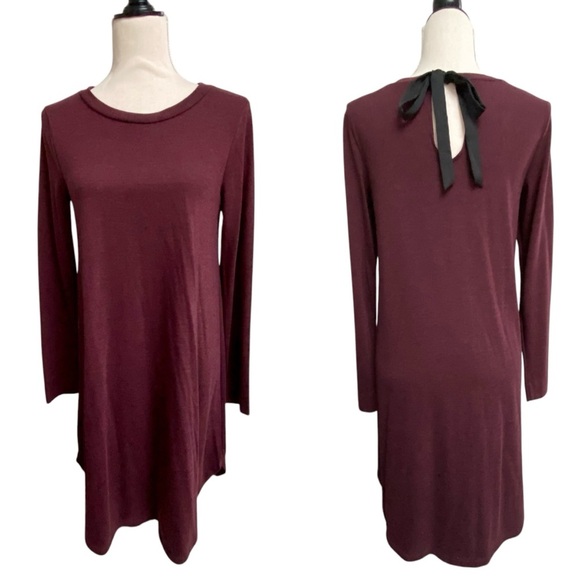 LOFT Burgundy Knit Long Sleeve Dress with Back Bow Tie Sz Small Feminine - Picture 1 of 14